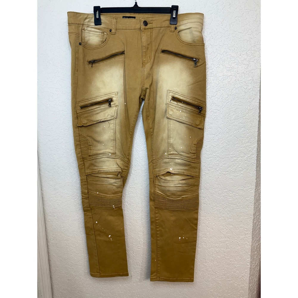 Black Premium Mens Skinny Flex Moto Biker Cargo Pants Tan Paint Splatter 38x32